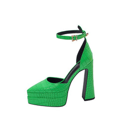 Trendy Croc Effect Pointed Toe Platform Chunky Heel Pumps - Green