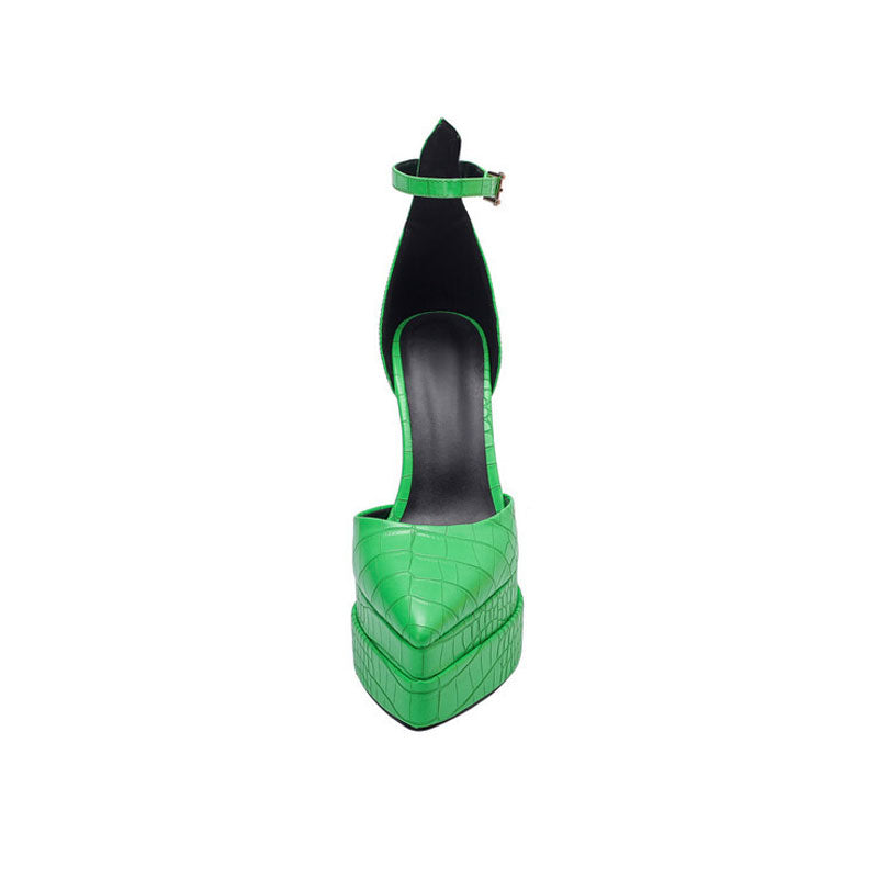 Trendy Croc Effect Pointed Toe Platform Chunky Heel Pumps - Green