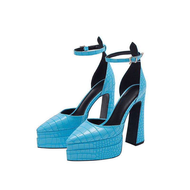 Trendy Croc Effect Pointed Toe Platform Chunky Heel Pumps - Sky Blue