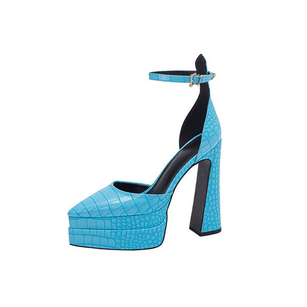 Trendy Croc Effect Pointed Toe Platform Chunky Heel Pumps - Sky Blue