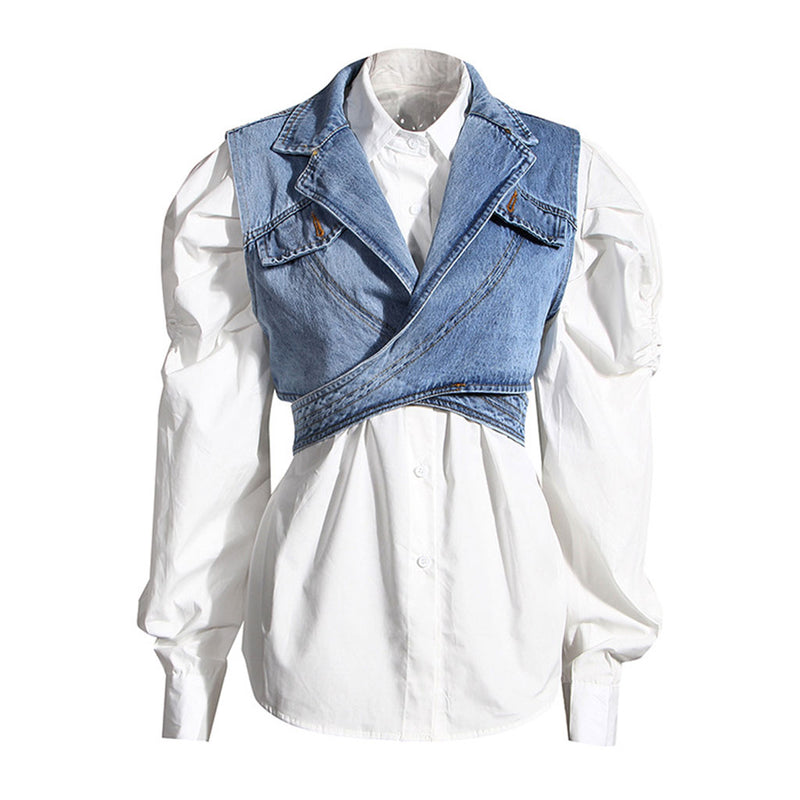 Trendy Crossover Wrap Lapel Collar Cropped Denim Vest