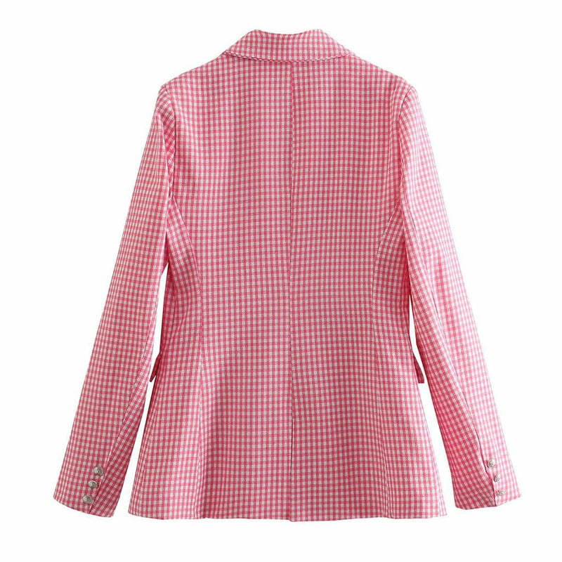 Trendy Gingham Long Sleeve Button Front Lapel Collar Blazer - Pink