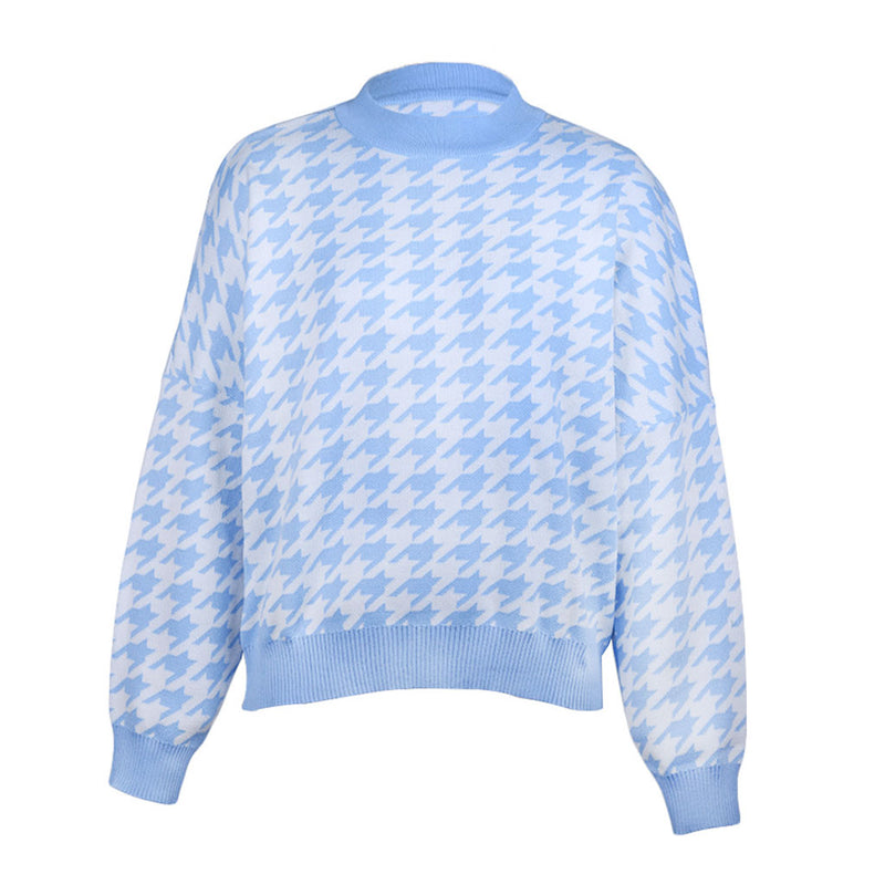 Trendy High Neck Long Sleeve Houndstooth Knit Pullover Sweater - Blue