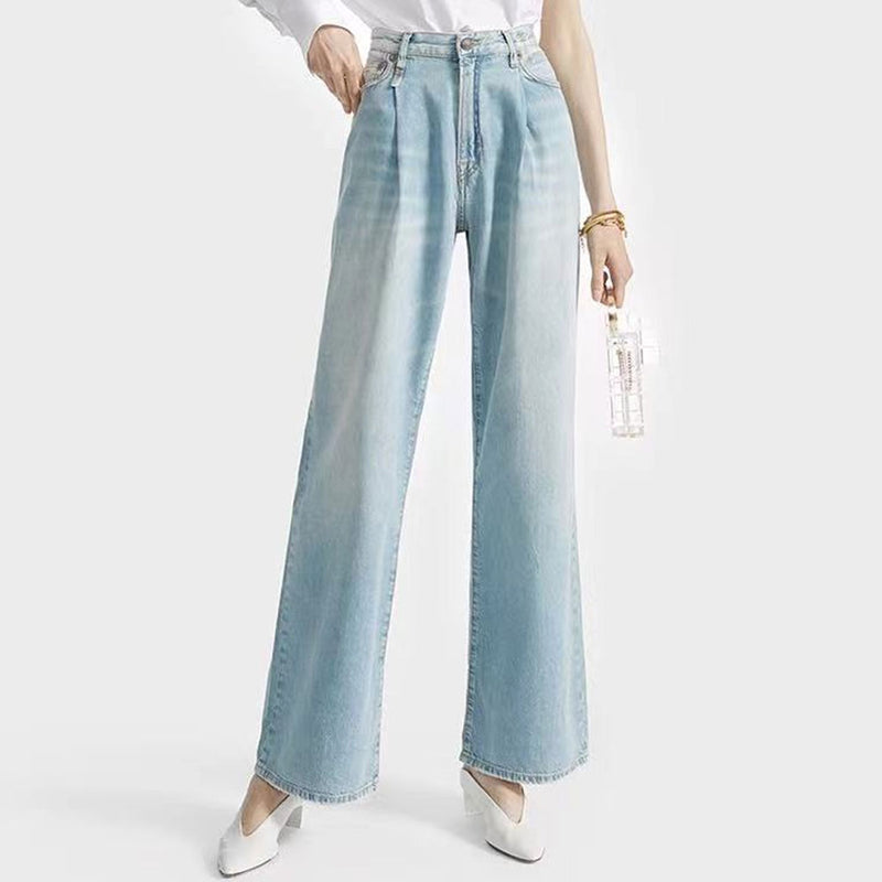 Trendy High Waist Fade Detail Pleated Wide Leg Jeans - Faded Blue