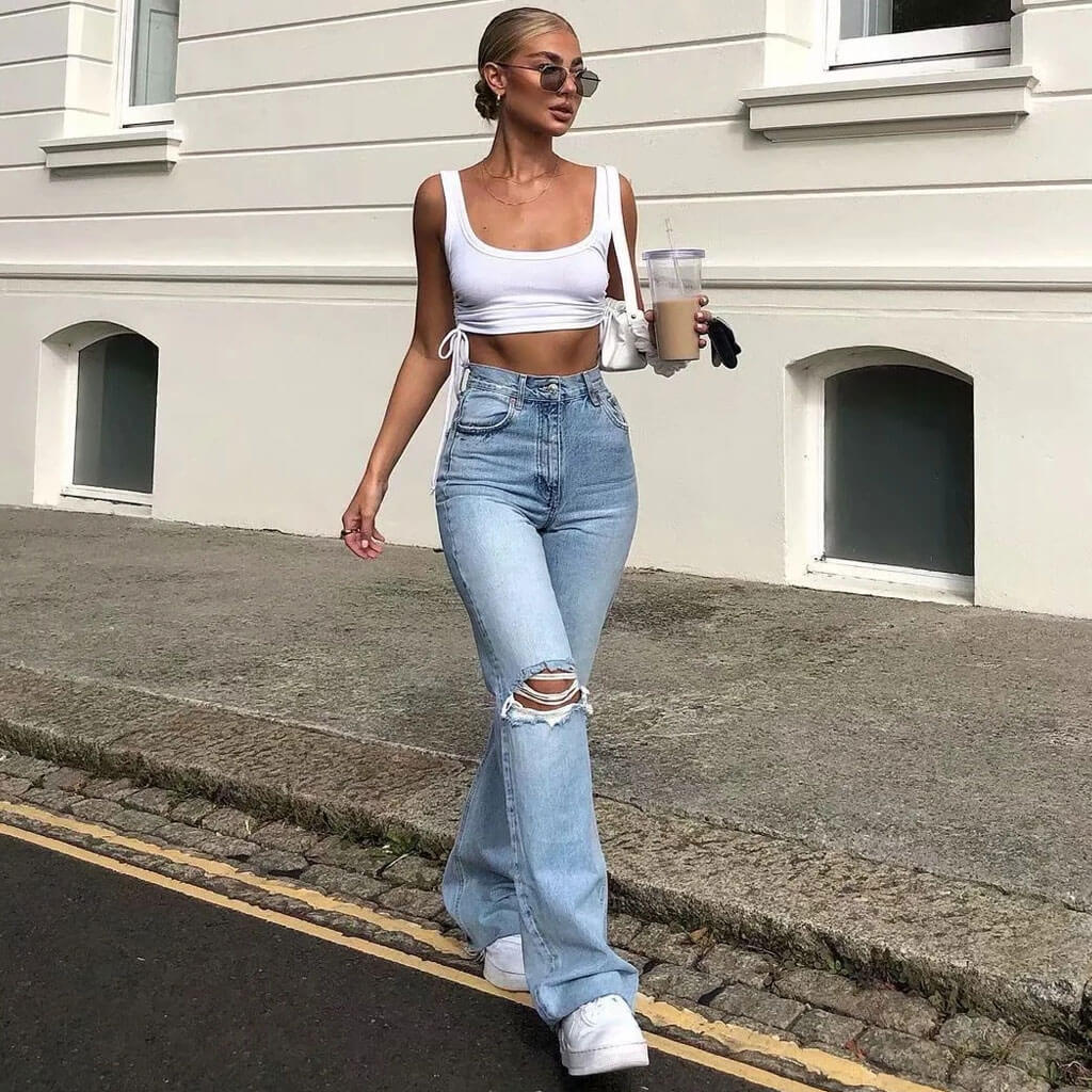 prøve månedlige ulv Trendy High Waist Wide Leg Ripped Boyfriend Jeans - Light Blue – Luxedress