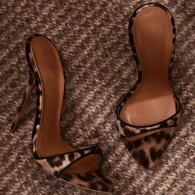 Trendy Leopard Print Open Pointed Toe High Heel Mules - Brown