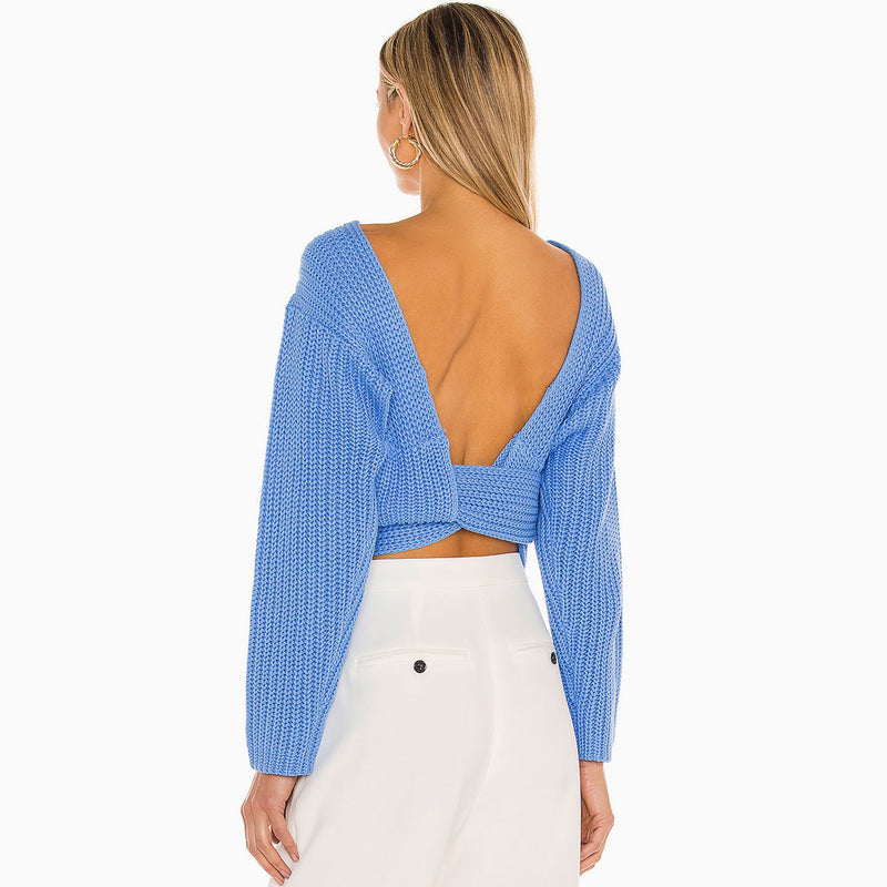 Trendy Long Sleeve Self Tie Deep V Knit Sweater - Blue