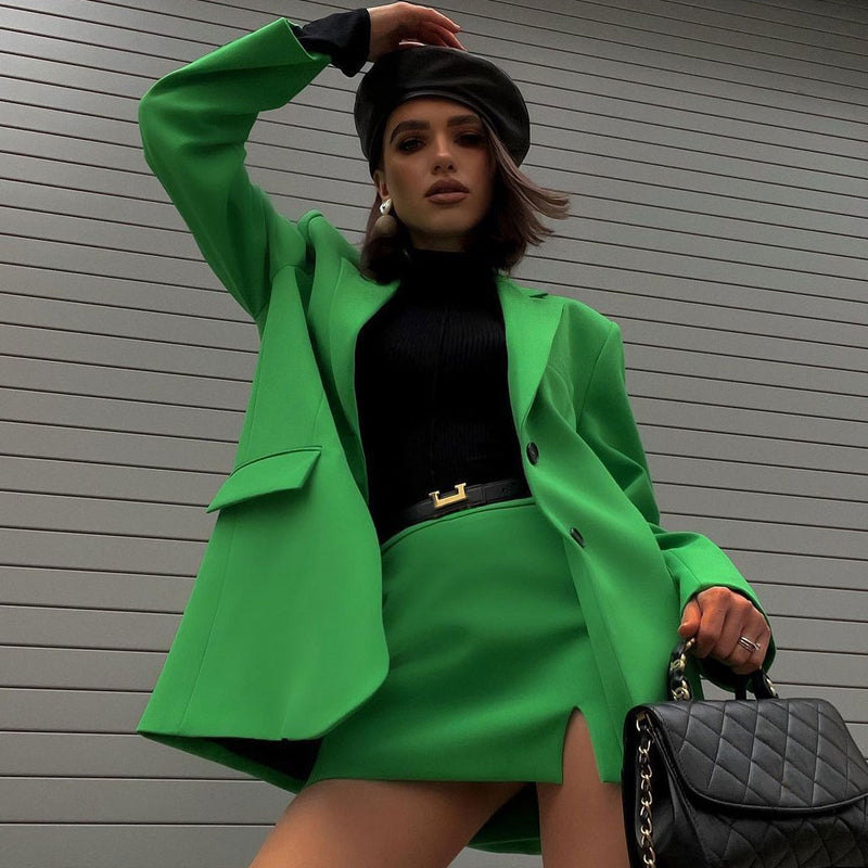 Trendy Long Sleeve Single Breasted Split Blazer Matching Set - Green