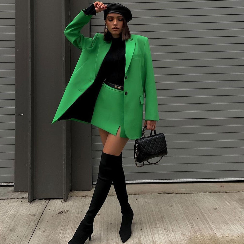 Trendy Long Sleeve Single Breasted Split Blazer Matching Set - Green