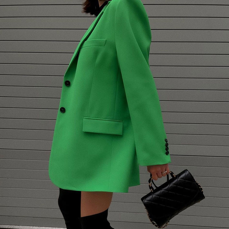 Trendy Long Sleeve Single Breasted Split Blazer Matching Set - Green
