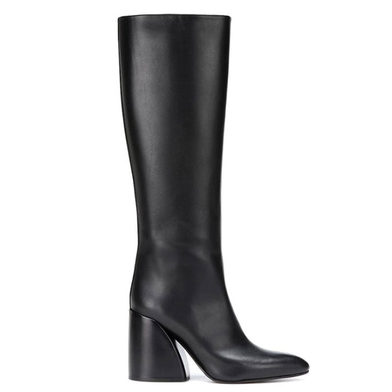 Trendy Pointed Toe Knee High Geometric Heeled Boots - Black