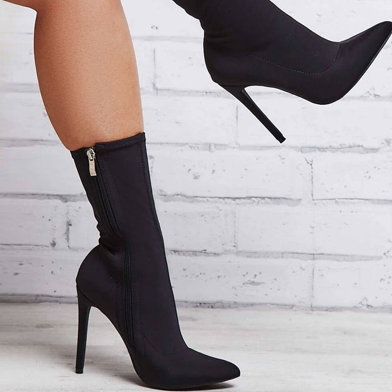 Trendy Pointed Toe Side Zip Stiletto Heeled Suede Boots - Black