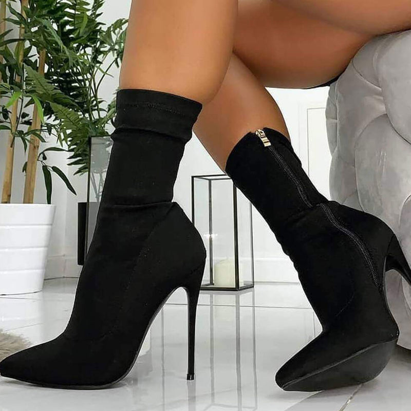 Trendy Pointed Toe Side Zip Stiletto Heeled Suede Boots - Black