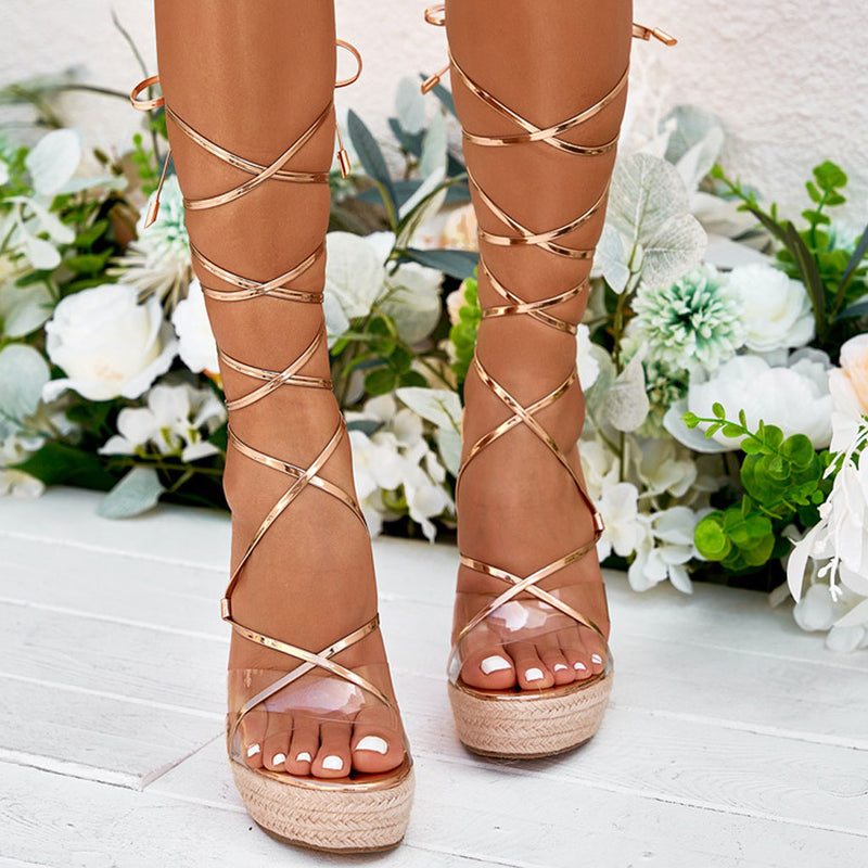 Trendy PVC Lace Up Ankle Tie Round Toe Strappy Wedge Espadrilles - Champagne