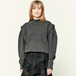 Trendy Rib Trim Bishop Sleeve High Neck Knit Pullover Sweater - Gray