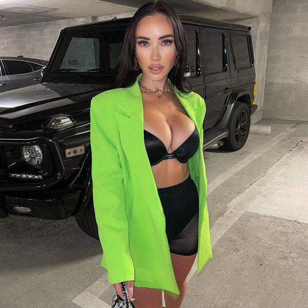 Trendy Single-Breasted Lapel Neck Long Sleeve Blazer - Neon Green