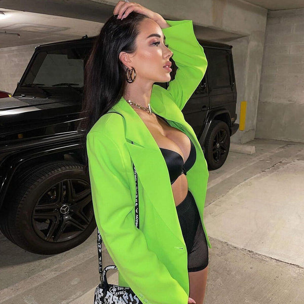Trendy Single-Breasted Lapel Neck Long Sleeve Blazer - Neon Green