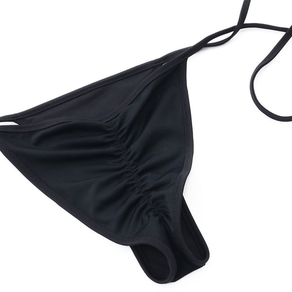 Trendy Tie String Scrunch Cheeky Brazilian Bikini Bottom - Black