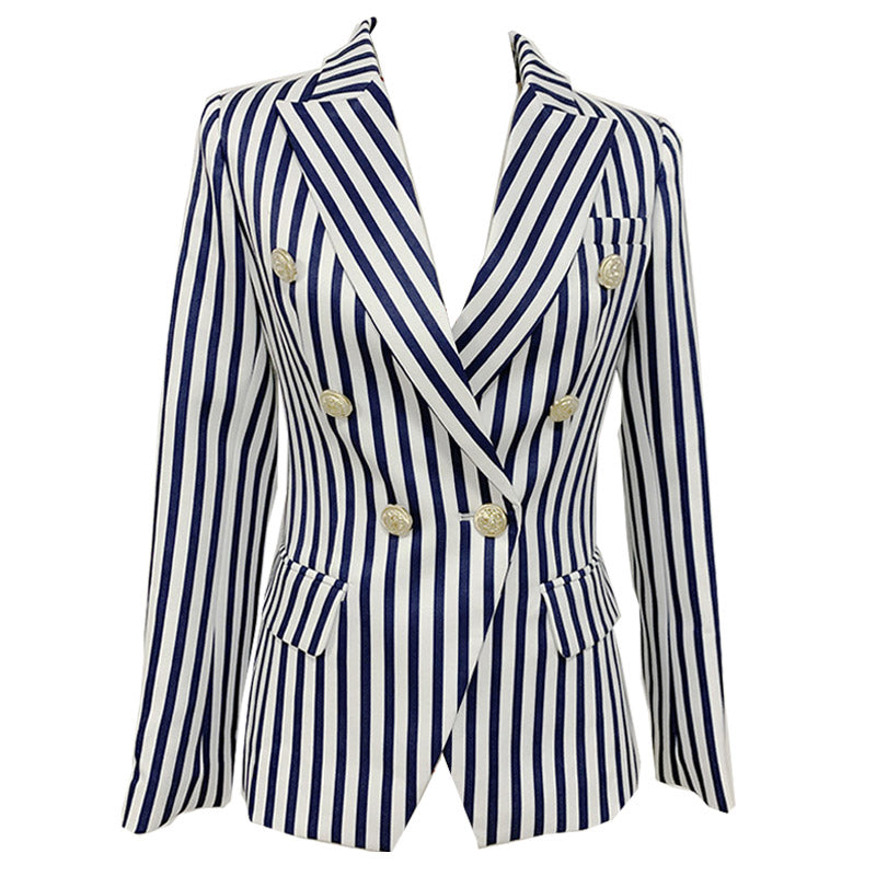 Trendy Vertical Stripe Double Breasted Collared Blazer - White