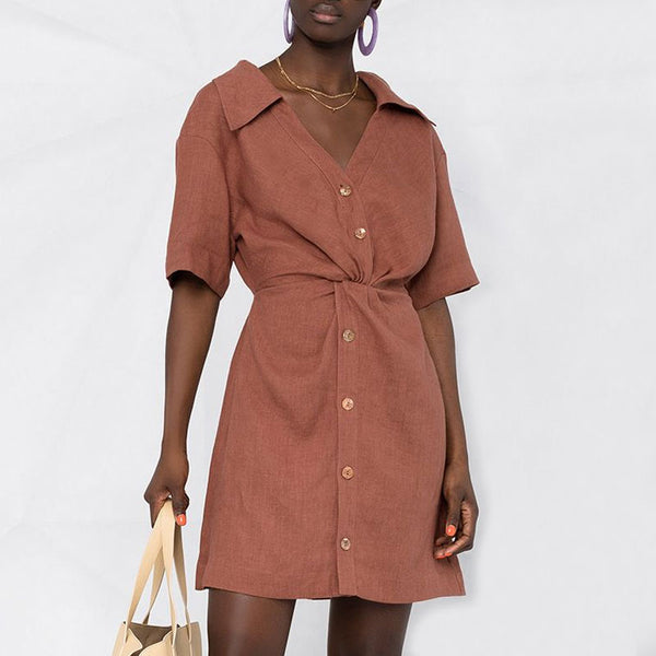 Twist Front Button Up Short Sleeve Linen Mini Shirt Dress - Terra