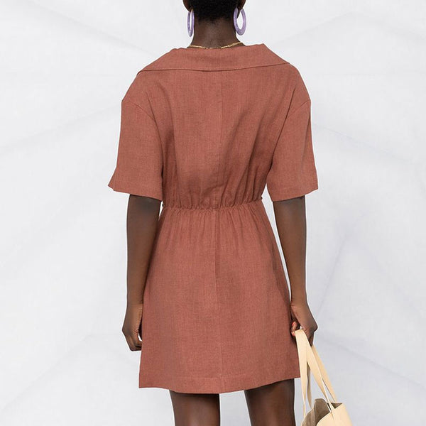 Twist Front Button Up Short Sleeve Linen Mini Shirt Dress - Terra