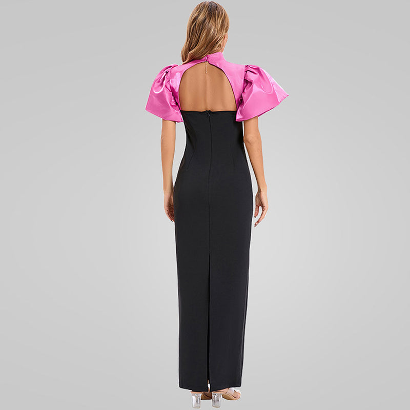 Two Tone Puff Sleeve High Neck Crystal O-Ring Cutout Maxi Dress - Black