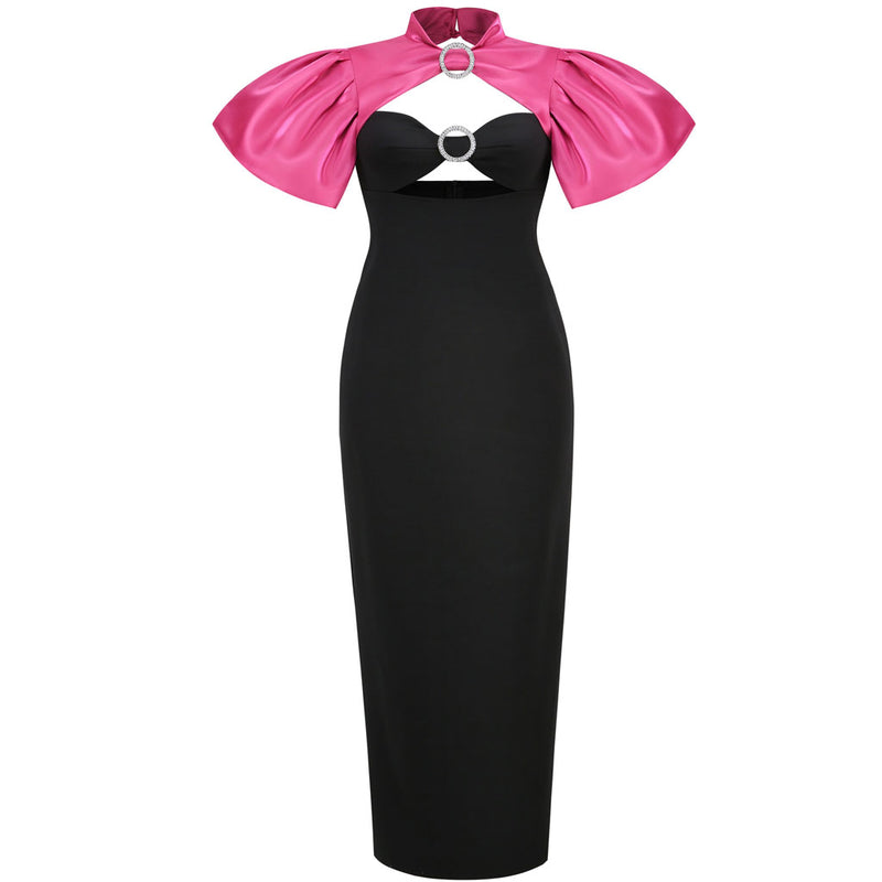 Two Tone Puff Sleeve High Neck Crystal O-Ring Cutout Maxi Dress - Black