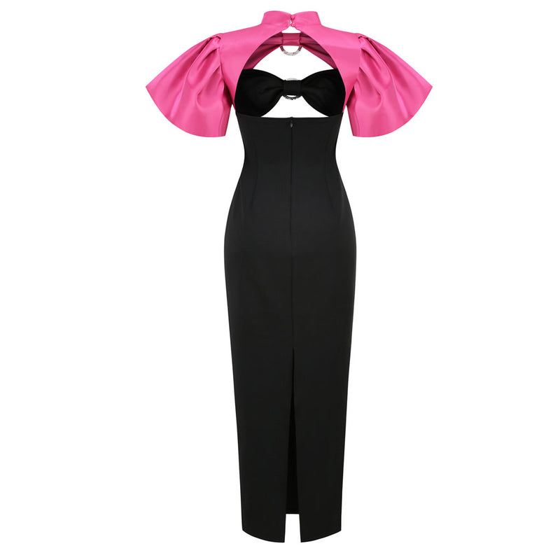Two Tone Puff Sleeve High Neck Crystal O-Ring Cutout Maxi Dress - Black