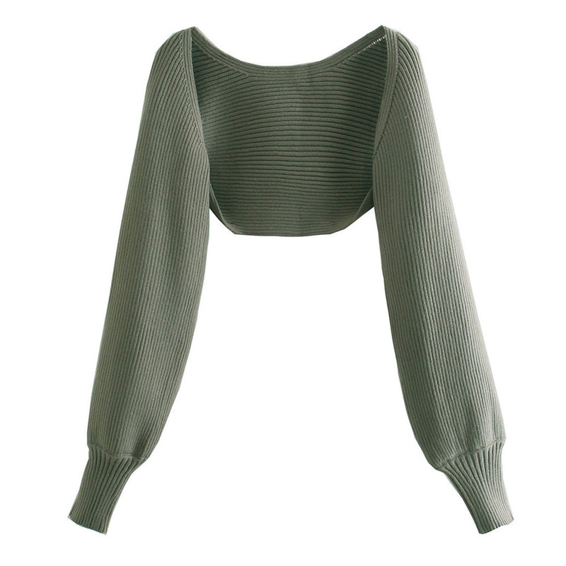 Unique Balloon Sleeve Open Front Ribbed Knit Crop Cardigan - Dusty Green