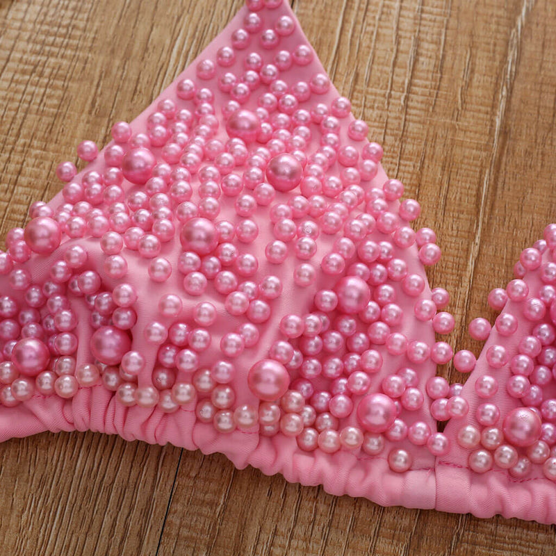 Unique Brazilian Tie String Pearl Sliding Triangle Bikini Set - Pink