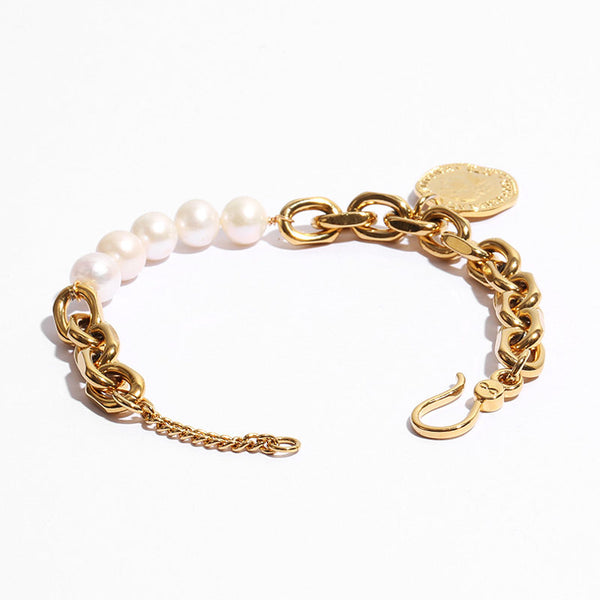 Unique Coin Pendant Chunky Chain Baroque Pearl Bracelet - Gold