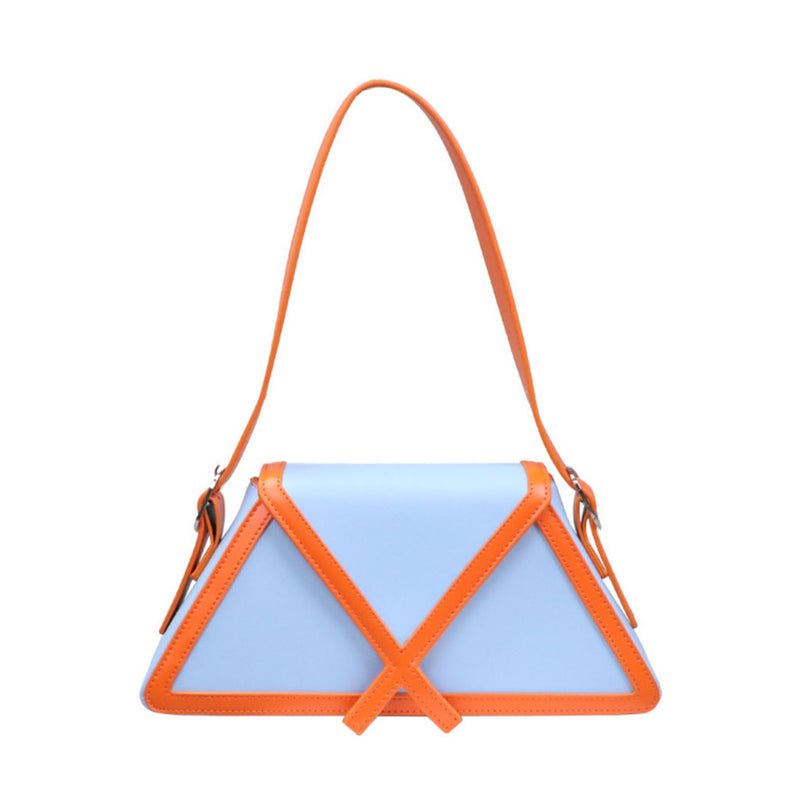 Unique Contrast Piping Geometric Leather Shoulder Bag - Blue