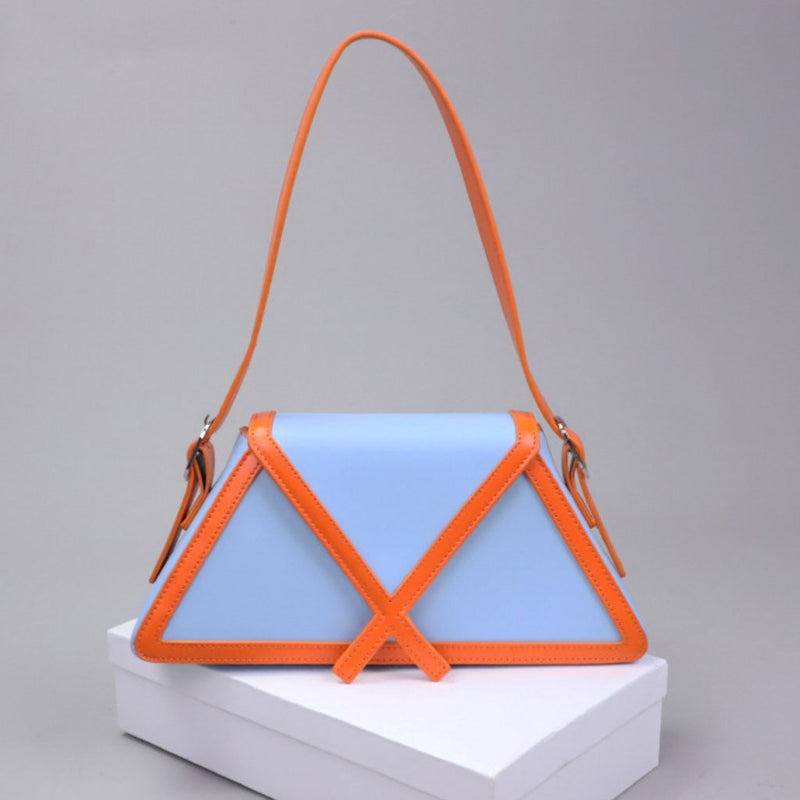 Unique Contrast Piping Geometric Leather Shoulder Bag - Blue