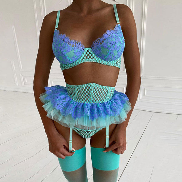 Unique Contrast Tulle Lace Push Up Garter Thong Lingerie Set - Blue