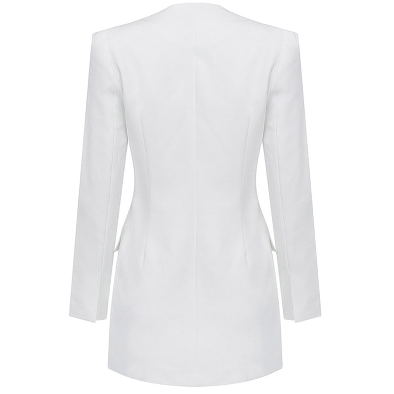 Unique Cutout Long Sleeve Button Down Mini Blazer Dress - White