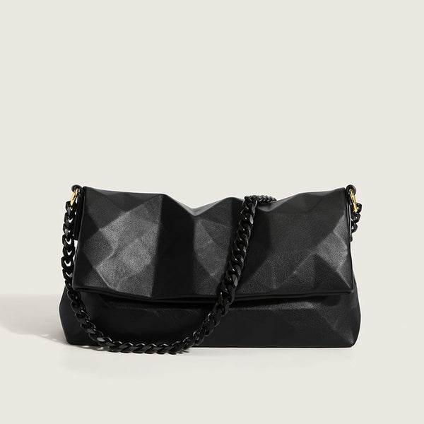 Unique Geometric Embossed Chain Link Shoulder Bag - Black