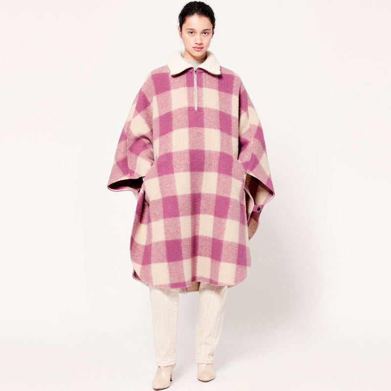 Unique Gingham Zipped Collar Batwing Sleeve Woolen Cape Coat - Rose