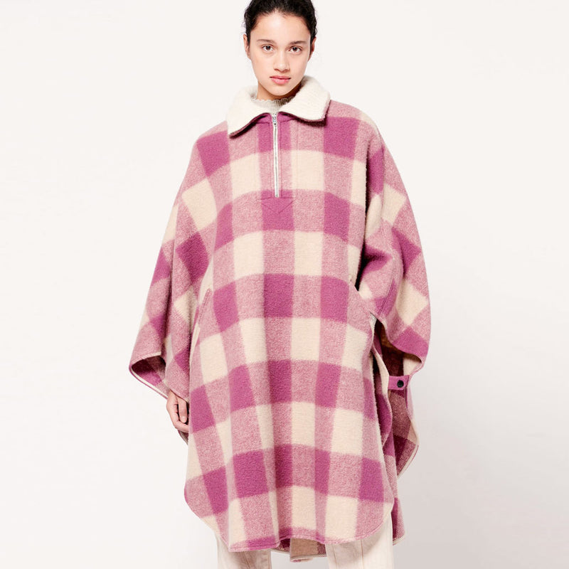 Unique Gingham Zipped Collar Batwing Sleeve Woolen Cape Coat - Rose