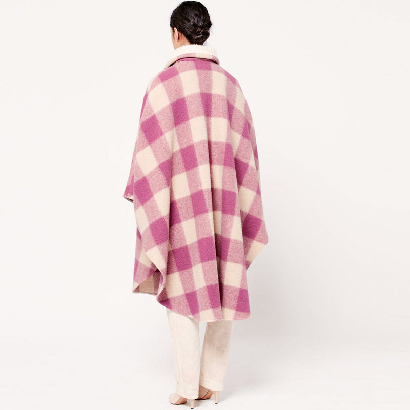 Unique Gingham Zipped Collar Batwing Sleeve Woolen Cape Coat - Rose