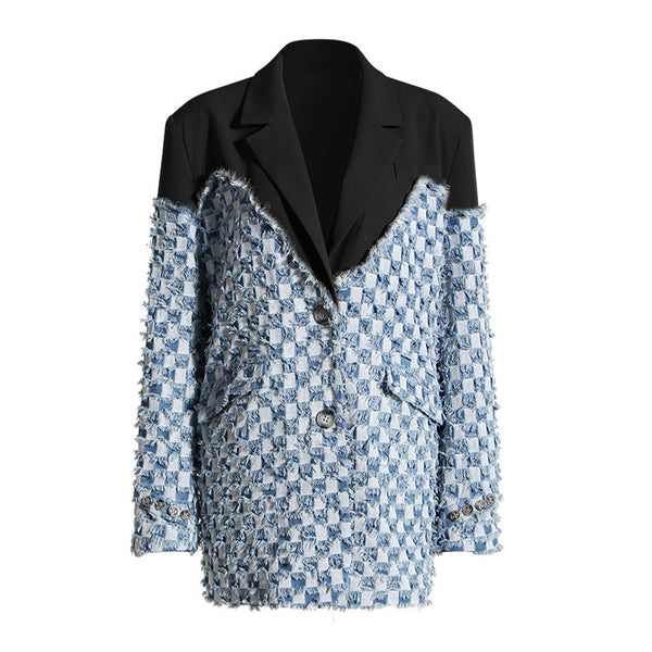 Unique Lapel Collar Single Breasted Checkered Contrast Spliced Blazer