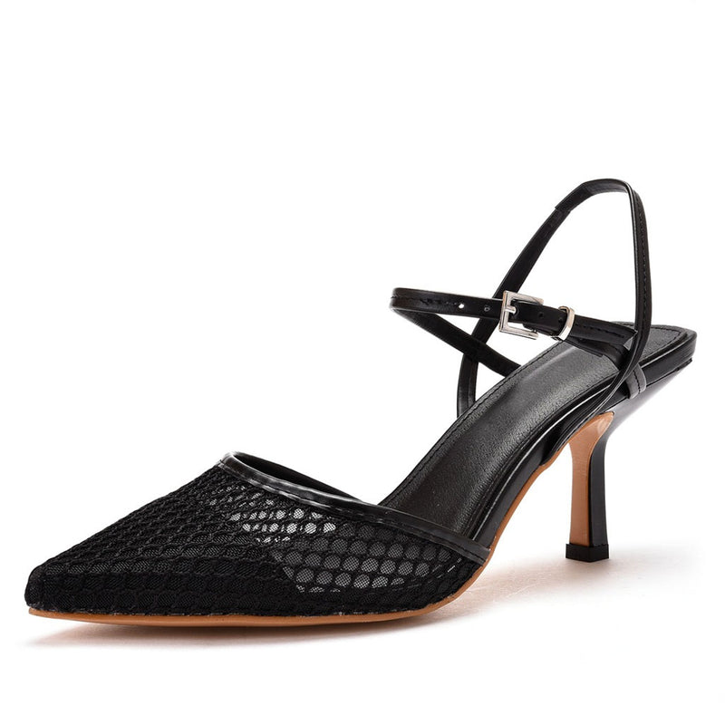 Unique Mesh Net Pointed Toe High Heel Pumps - Black