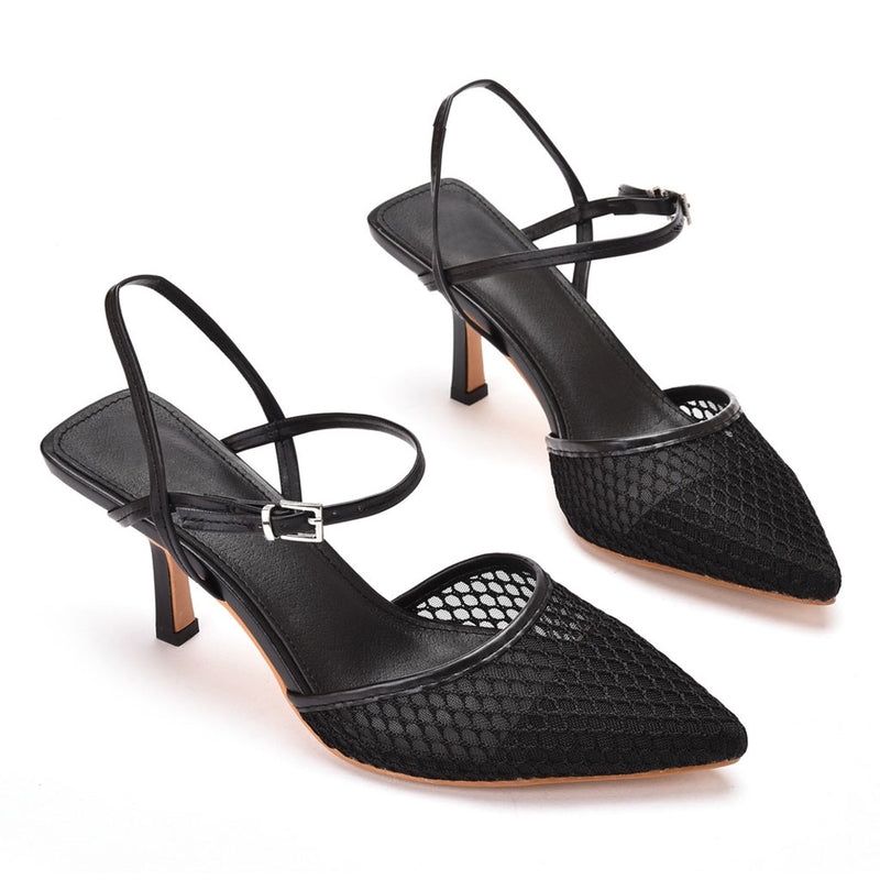 Unique Mesh Net Pointed Toe High Heel Pumps - Black