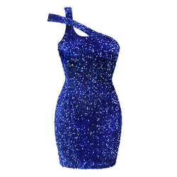 Unique One Shoulder Open Back Bodycon Sequin Mini Velvet Party Dress