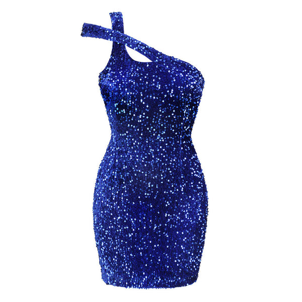 Unique One Shoulder Open Back Bodycon Sequin Mini Velvet Party Dress