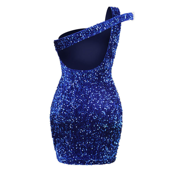 Unique One Shoulder Open Back Bodycon Sequin Mini Velvet Party Dress