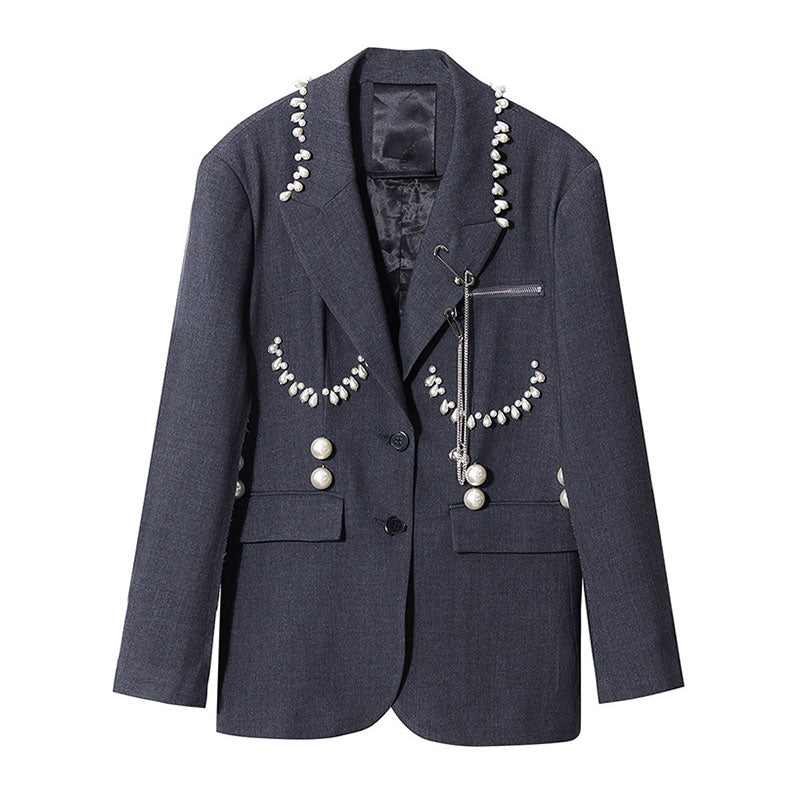 Unique Pin Detail Pearl Embellished Raw Trim Lapel Collar Single Breasted Blazer