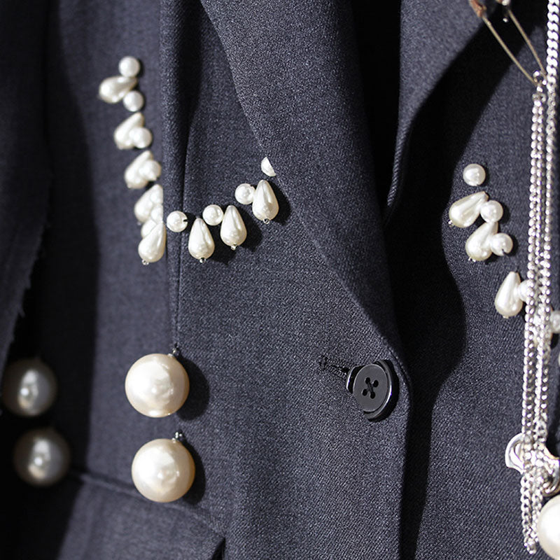 Unique Pin Detail Pearl Embellished Raw Trim Lapel Collar Single Breasted Blazer
