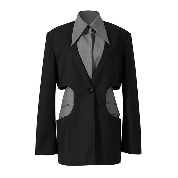 Unique Point Collar Single Breasted Side Cut Out Contrast Layered Panel Blazer