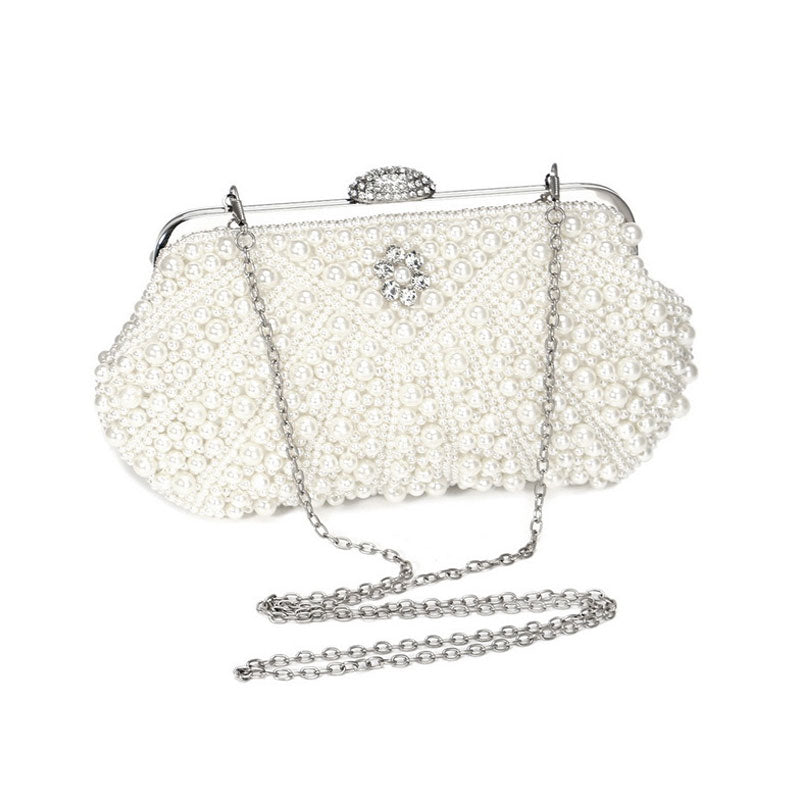 Unique Rhinestone Embellished Top Handle Pearl Clutch Bag Beige