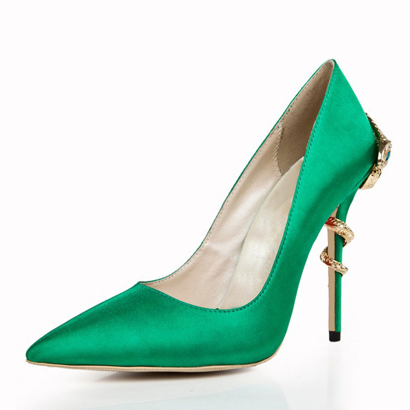 Unique Snake Embellished High Heel Satin Pumps - Emerald Green